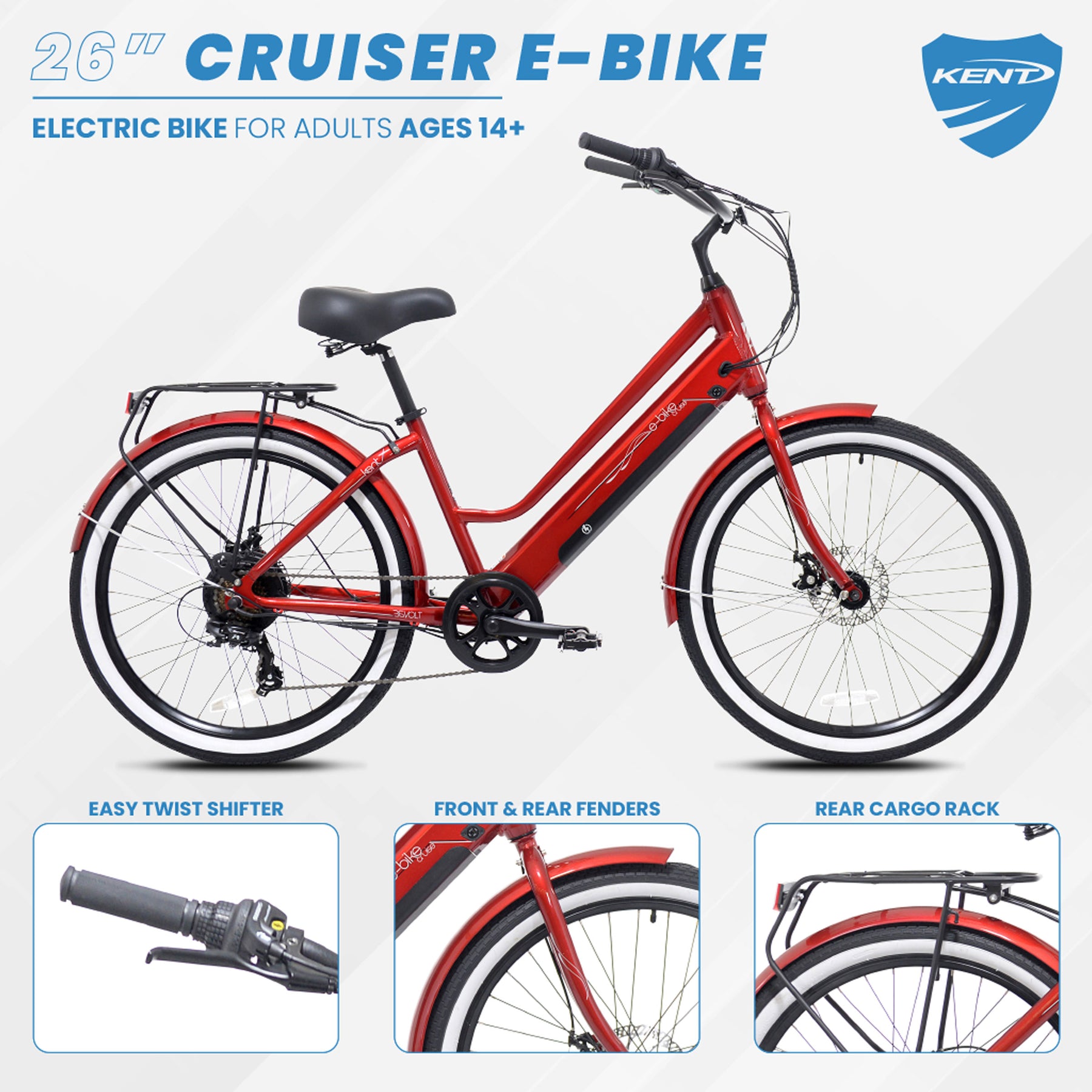 26" Kent E-Bike Cruiser | Electric Cruiser Bike for Adults Ages 14+